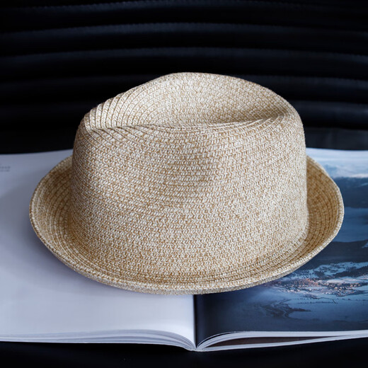 Tochino summer young and middle-aged large size men's straw hat breathable sun protection short brim casual jazz hat women's trendy top hat British khaki regular size M (55-57.5CM)