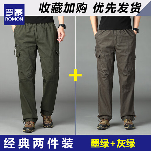 Luo Meng Overalls Men's Pure Cotton Autumn New Style Young and Middle-aged Pants Loose Straight Men's Casual Pants Outdoor Wear-Resistant Men's Pants J18 Dark Green Single Piece XL About 140-160 Jin Jin is equal to 0.5 kg