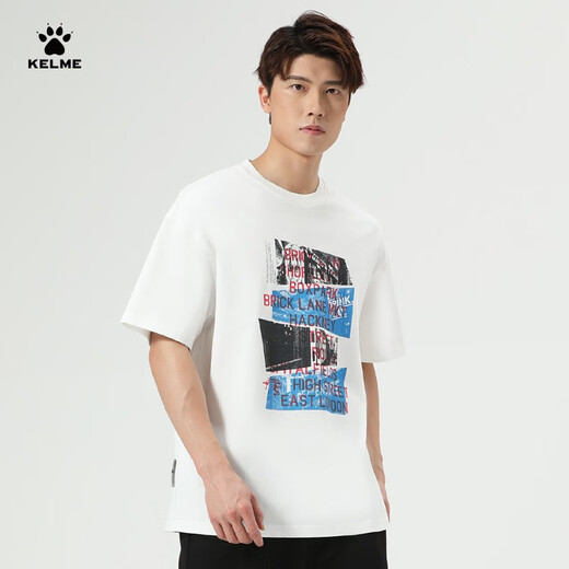 卡尔美（KELME） 圆领短袖男夏季新款纯棉T恤透气足球国潮休闲印花短t 9224TX1053 白色 M