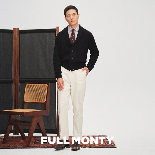 FULL MONTY青果领秋冬季羊毛针织开衫v领长袖毛衣男士新复古回潮外套 黑色8740 L