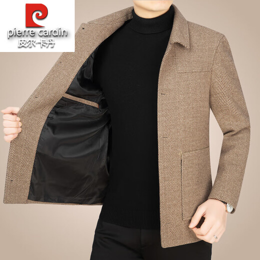 Pierre Cardin high-end men's woolen woolen jacket spring and autumn new style young and middle-aged casual lapel men's jacket dad top Khaki XL 180 (135-150Jin Jin is equal to 0.5 kg)