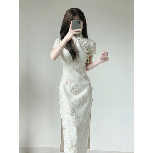 Qeeshine cheongsam Republic of China Style Miss 2025 new improved version dress temperament high-end young girl new Chinese style 846 apricot color [high-quality jacquard embroidery] M