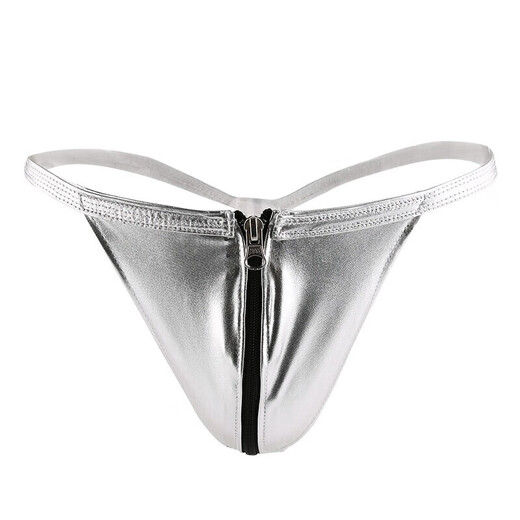 Hot and provocative leather thong couple zipper underwear sexy no-take-off zipper open panties passion suit for women and men in silver