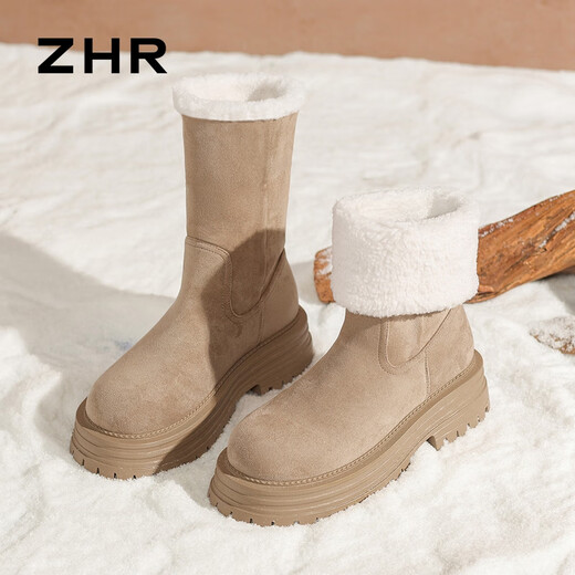 ZHR two-wear snow boots for women plus velvet and thickened women's boots lamb wool warm and increased Northeast cotton shoes JF72 Khaki 37