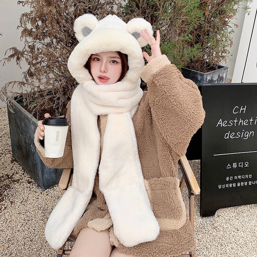 Meman Bear Hat Scarf for Women Christmas Antlers Autumn and Winter Women Warm Scarf for Women Hooded Hat Cute Plush Scarf White Bear Hat Three-piece Set