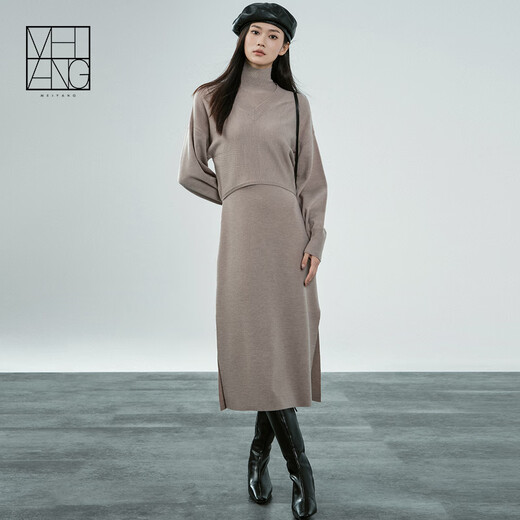 MEIYANG Champagne knitted wool suit Quiet and luxurious temperament V-neck long-sleeved sweater straight tank top skirt new sweater sweater light coffee (top) S