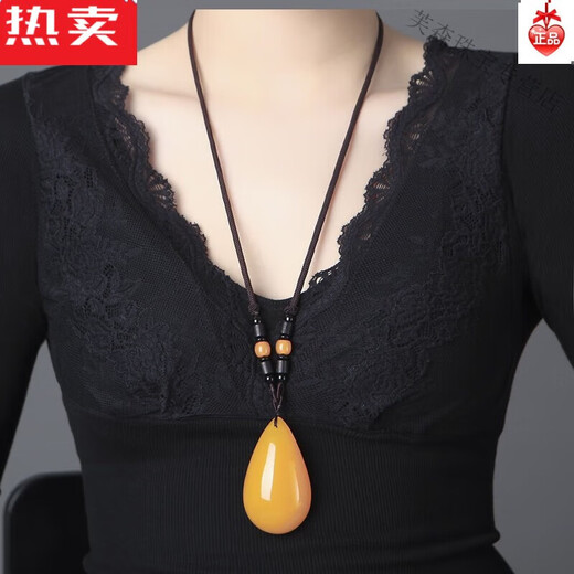 SNQP Blood Amber Men's and Women's Long Necklace Chicken Oil Yellow Sweater Chain Beeswax Pendant Water Drops Wu Shi Brand
