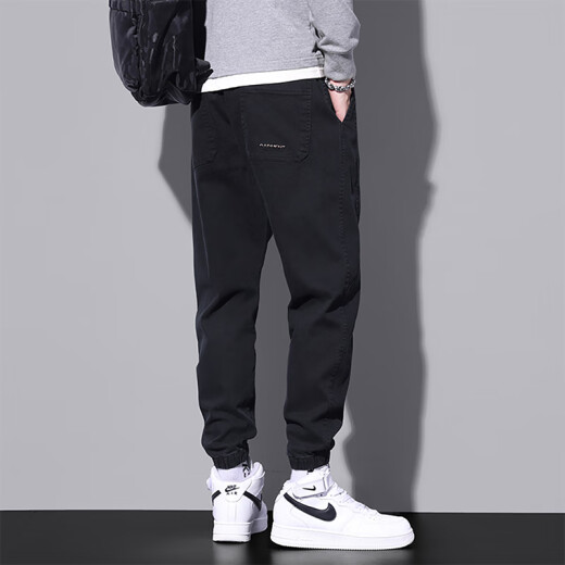 Woodpecker casual pants men's tying feet trendy workwear men's 2025 summer thin loose long pants 9859 black + 9859 gray M
