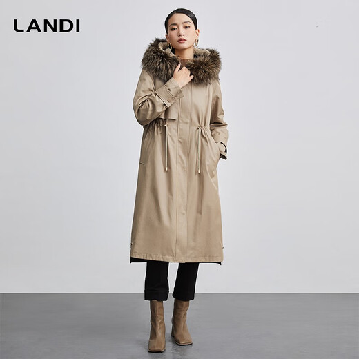 
LANDI blue khaki fox fur collar long waist-hugging parka women's fur coat 2023 winter new style khaki M
