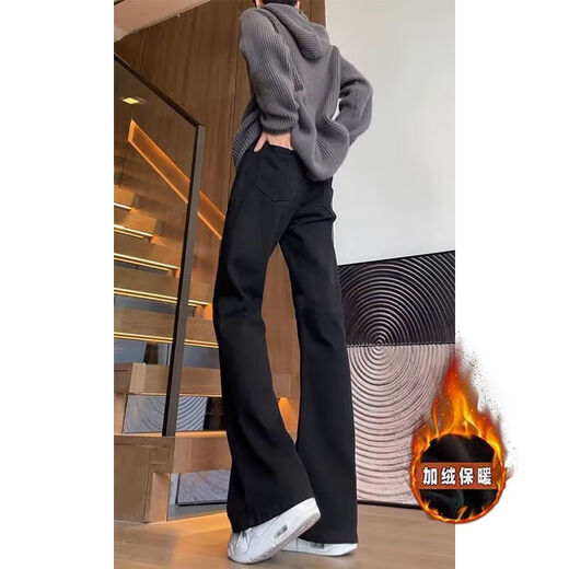 7 excellent products Black bootcut jeans for men in autumn and winter plus velvet style American high street scimitar straight slim long pants for men HC-2003 black regular L