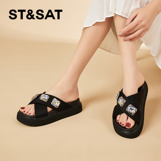 Saturday (St/Sat) mid-heel sandals for women 2024 summer new fish mouth rhinestone sandals fashionable and versatile one-slip flops for women black 35