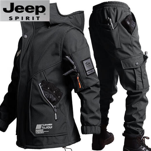 JEEP SPIRIT Jeep Functional Winter Jacket Men's Tactical Military Hunting Clothing Jacket Cycling Windproof Warm Work Jacket Black Suit L 170 (120-135Jin Jin equals 0.5kg)