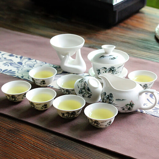 Ceramic Kung Fu tea set, home white porcelain tea set, office reception, blue and white teapot, lidded bowl, tea cup, complete tea set, 12-head Kung Fu tea set, Blue Landscape