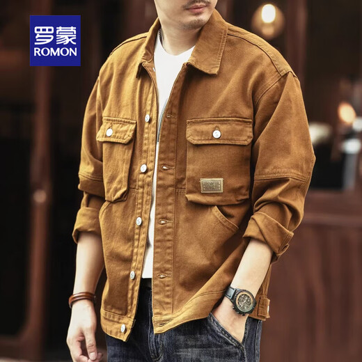 Romon Jacket American Heavyweight Retro Denim Jacket Men's Autumn and Winter Velvet Loose Casual Tough Guy Hunting Workwear Men's Turmeric L Suitable for 120-140 Jin Jin equals 0.5 kg