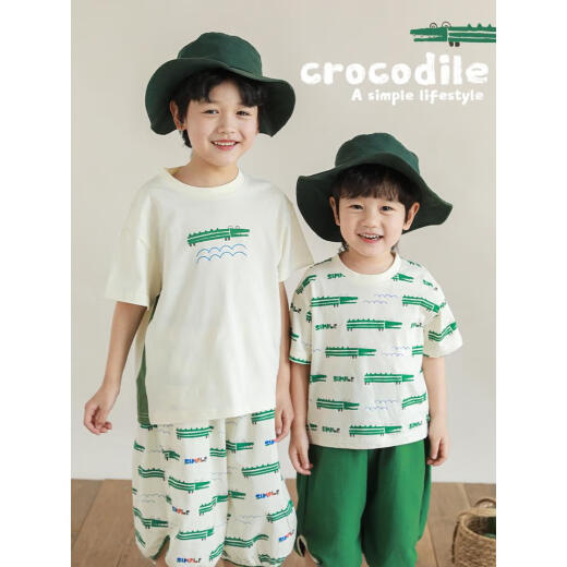 Yoyou Boys 2024 Nuevo camiseta de manga corta camisa contrastante pantalones cortos sueltos chaleco sin mangas serie de cocodrilo set beige green corrugado chaleco n4867 120