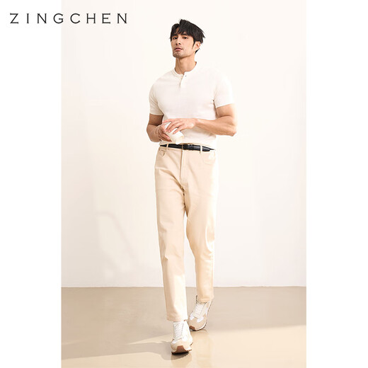 ZINGCHEN Machine washable Henry collar short-sleeved tough guy style knitted short-sleeved T-shirt men's summer men's base layer white XL