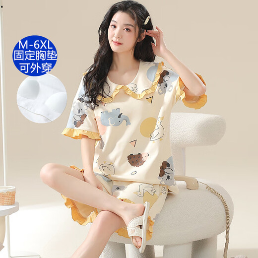 莫贝海大码睡衣女夏季带胸垫2025新款短袖可爱特大码宽松家居服短裤套装 A3519固定胸垫 M 80-100斤