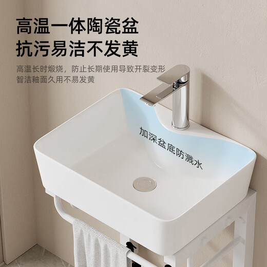 Dipeng Wandmontierter Keramikwaschbecken integriertes Becken kleine Wohnung Einfaches Waatsbeckenschrank Kombination Balkon Bad Waschbecken D4837 Becken + Einschichthalterung + Wasserhahn + Quadratspiegel