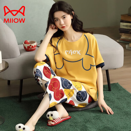 猫人（MiiOW）纯·棉睡衣女2025年新款夏季短袖七分裤薄款休闲外穿家居服套装 七分：AD683 女L