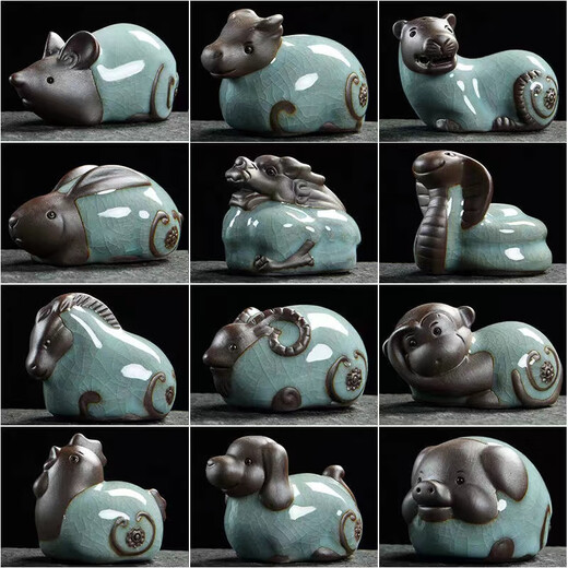 Zhenfan Ceramics Twelve Zodiac Ornaments Complete Set Cute Mini Rat Ox Tiger Rabbit Dragon Snake Horse Sheep Monkey Chicken Dog Pig Tea Pet Ornaments Monkey-(Ge Kiln Model)