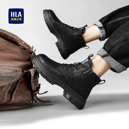 Hoilan Home (HLA) Martin Boots Fall and Winter New Casual Medium y High Top más Botas de vellón engrosadas Botas de trabajo para hombres Botas de cuero calientes de cilindro negro (Haagzm4aba0562 45