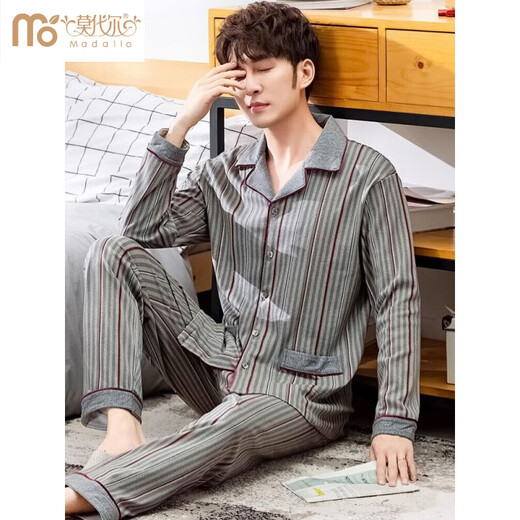 Modal de algodón de algodón puro de alta gama Pajamas Spring y Autumn Long-Long-Long-Long Selled Algodón Invierno Caballero Caballero para hombres 9906-Stripe L 170: Peso recomendado 120-140Jin [Jin equivale a 0.5 kg]
