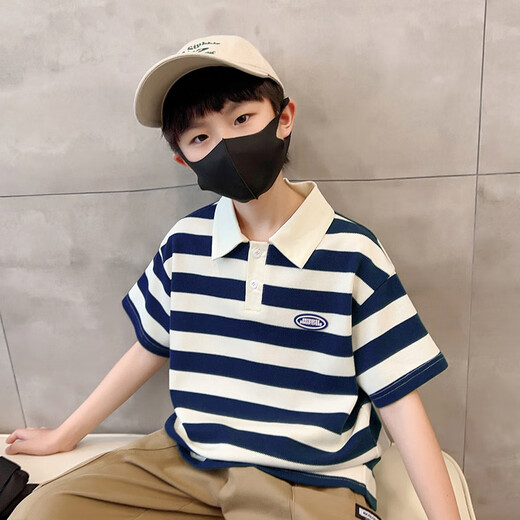 
McTicco boy polo shirt short-sleeved 2025 children's summer striped t-shirt big children's summer half-sleeved street-fried top trend 9850 blue + 5798 khaki [set] 160