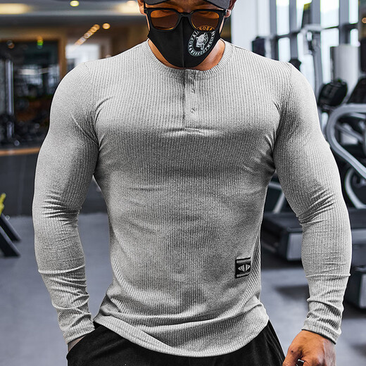 Lutielang fitness clothes men's long-sleeved sports T-shirt tights quick-drying elastic breathable training bottoming shirt autumn and winter gray XL