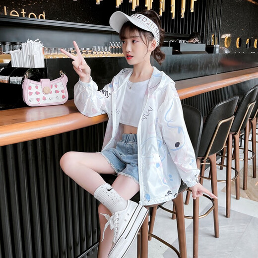 G.DUCKKIDS children's clothing, girls' sun protection clothing, summer new children's sun protection clothing, thin breathable cardigan jacket for girls, children's cover, white qcqmica 160 size 13~14 years old 150-160cm