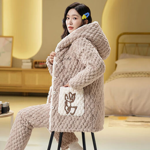 GTYUWVG湖南省省服女冬天珊瑚绒加厚加绒三层夹棉袄法兰绒秋冬季大码家居 hl6636蓝色-中长.款 M  推荐80-100斤