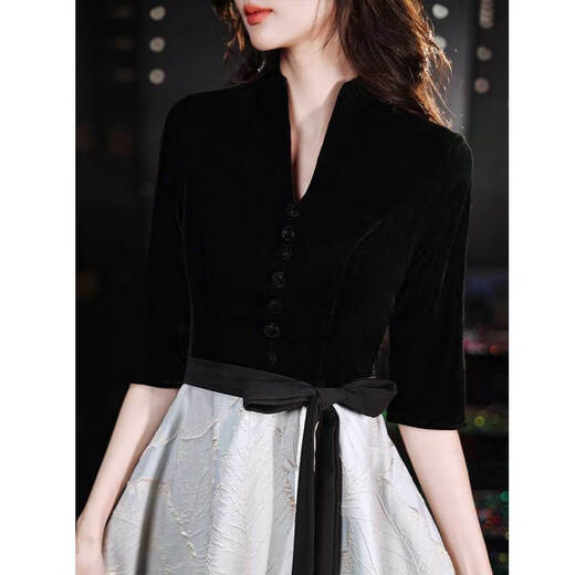 Seidler Black Evening Kleid für Frauen 2025 Neues Banketttemperament Edel und leichte Luxus-Nischen-Jahrestreffen Host Black Long L (Empfohlen 106-115Jin [Jin gleich 0,5 kg])