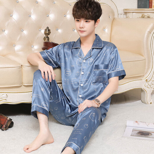 Antarctic ice silk men pajamas men summer short-sleeved trousers imitation silk cardigan lapel loose home clothes light blue 2XL