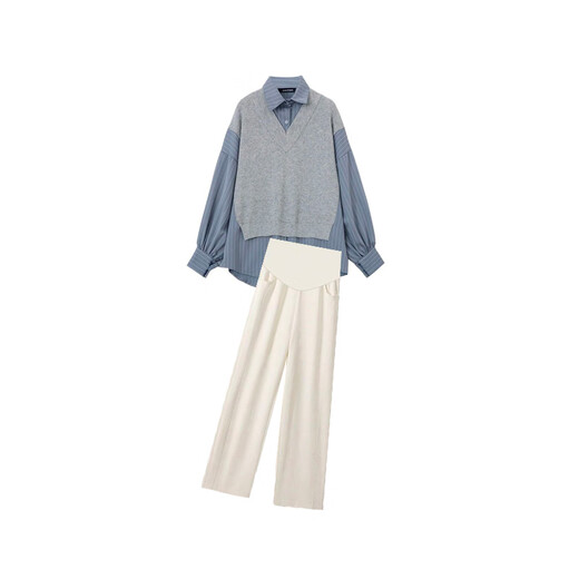 Geman Maternity Autumn Suit Fashionable 2024 Spring and Autumn Style Western-style Fake Two-piece Top Wide-leg Pants Autumn and Winter Outer Wear Two-piece Set Fake Two-piece Shirt + Velvet Apricot Belly Supporting Pants M