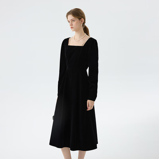 Fan Silann Velvet Low Square Kragen Französischer Schwarzrock für Frauen 2024 Winter Neu elegantes Jahrestagungskleid 14698 Schwarz XS