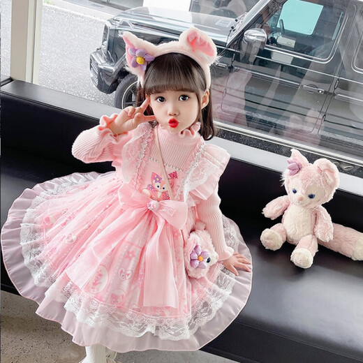 G.duck Little Yellow Duck Lolita Princess Dress Girls Dress Autumn Children's Skirt Girls Sweater Puff Skirt Autumn and Winter Belle Pink Sweater Dress Comes with Bustle 130 Recommended 120-130cm7-8 years old
