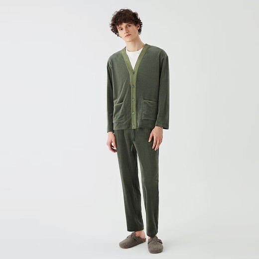 Chundu Soft Island Velvet Couple Pajamas Men's Autumn and Winter Cardigan Coral Velvet Winter Wearable Home Clothing Women's Velvet Moss Green (Male) XXXL