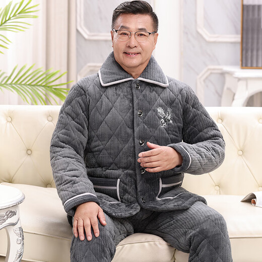 
Xuanduoqi pajamas men in winter thickened coral velvet three-layer cotton flannel dad middle-aged and elderly home clothes set C9901# black gray men [milk velvet] XXXL (165-200Jin [Jin equals 0.5 kg]) three-layer thickened