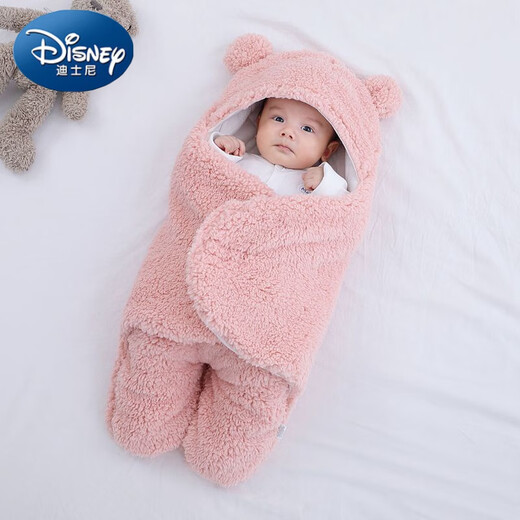 Disney (Disney) blanket for newborns in autumn and winter, thickened newborn blanket, baby sleeping bag, anti-jump swaddle, baby products, blanket, lambswool, pink, 3M, total length about 62cm