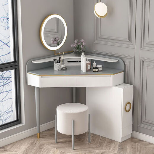 Shanghuashi Dressing Table Bedroom Corner Light Luxury Triangle Internet Celebrity Ins Style Corner Mini Dressing Table LED Light Small Dressing Table 0.6 Meter Dressing Table (Free Makeup Stool)