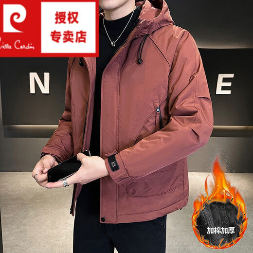 Pierre Cardin 2025 Autumn and Winter Second Cotton Jacket Men's Loose Hooded Workwear Cotton Jacket Thickened Warm Charge Top Burgundy 3XL