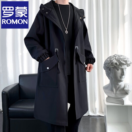 罗蒙（ROMON）风衣外套男中长款春秋季高级感大衣2024新款冬季休闲男装男士衣服 加厚 F174黑色【加棉】 2XL 170-190斤