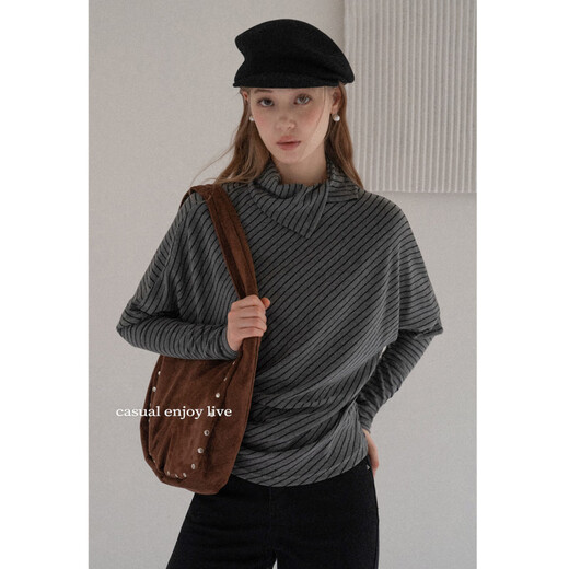 EGGKA French irregular lapel bat sleeve waist T-shirt autumn and winter temperament long-sleeved top E25A30175AF dark gray one size