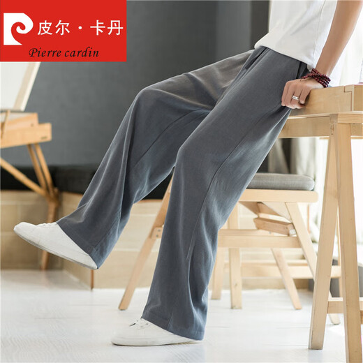 皮尔卡丹（pierre cardin）亚麻裤男裤子夏季薄款休闲裤春夏直筒运动长裤中国风宽松棉麻男裤 米色 XL 135-150斤