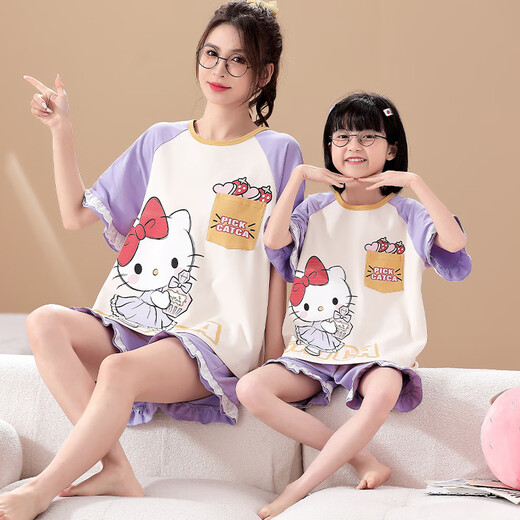 
Langsha mother and daughter parent-child dress pajamas girls summer short-sleeved thin cotton home clothes little girl student summer suit LYP684 M women 150-160CM/80-98Jin[Jin equals 0.5 kg]