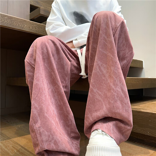 PTAT tie-dye corduroy pants for men, autumn and winter plus velvet straight loose wide-leg trousers American fashion brand printed casual pants pink regular L (recommended 110-130Jin Jin equals 0.5 kg)
