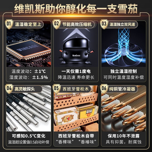 Vickers double-door constant temperature cigar and wine cabinet constant humidity tobacco and wine cabinet tea refrigerator air-cooled frost-free constant temperature and humidity wine cabinet household Spanish cedar wood naked cigar display cabinet 1.7 meters three temperature zones tea + ice bar + cigar 520L