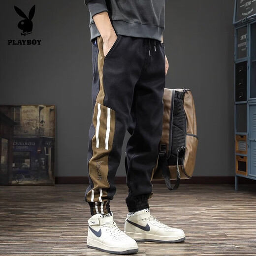 Playboy 2025 trendy brand spring and summer work clothes foot casual pants for men stripes, large size autumn new style pixie Harlan sports trousers black 2XL suitable weight 160-180Jin [Jin equals 0.5 kg]