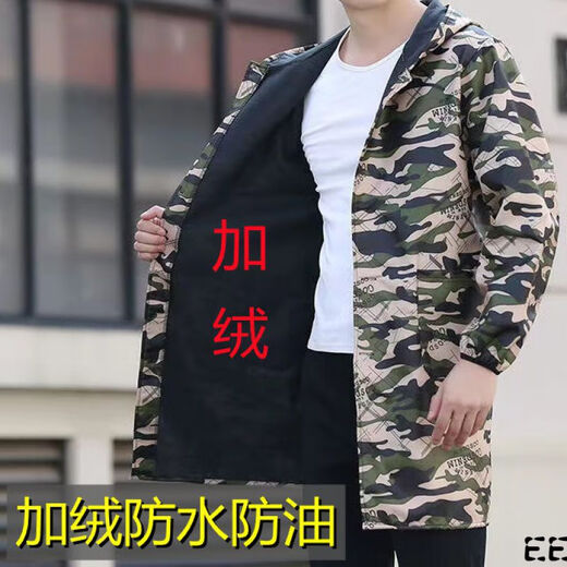 Guiren Xiong velvet thickened smock, warm coat, men's and women's work clothes, waterproof and oil-proof camouflage long coat, kitchen long-sleeved labor insurance suit, blue floral (with hood), medium size (120-170)