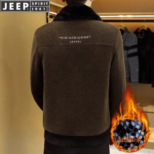 JEEP SPIRIT wool collar tweed coat men's Korean style jacket plus velvet thickened simple short windbreaker trendy autumn and winter warm jacket Black M 90-110