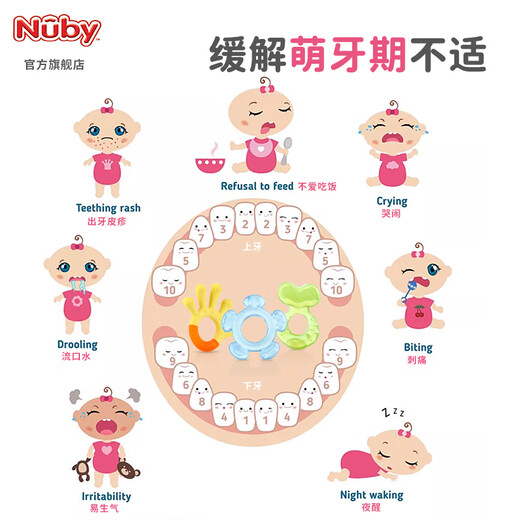 Nuby (Nuby) Teether Silicone Soft Teether Baby Bite Teeth Baby Anti-eating Artifact Hand Grinding Teeth Fixing 3 Pack Green Blue Yellow 3 Pack